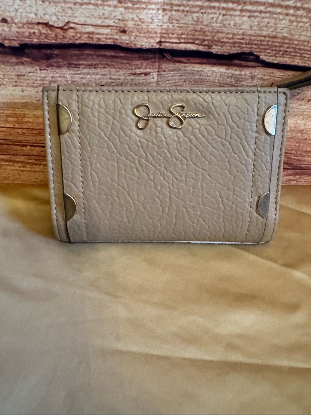 Jessica Simpson Taupe Faux Leather Bifold Wallet Leopard Print Lining